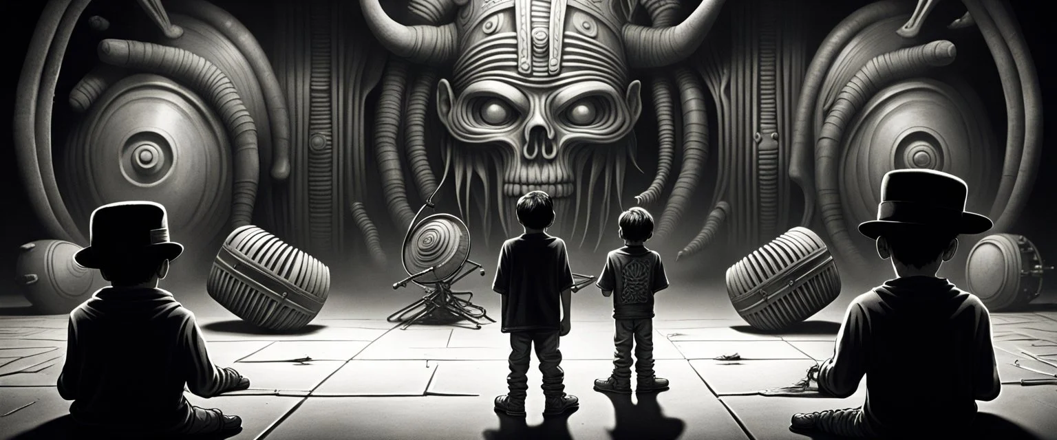 maga hat boy facing the native american drummer like in the press in the style of giger and escher and fallout 4