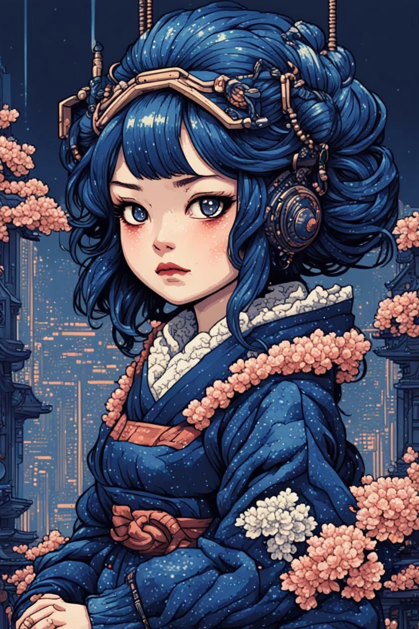 8bits, Pixel Art, beautiful cyberpunk petit girl, hyperdetailed, illustration by Katsushika Hokusai, darkblue tones,