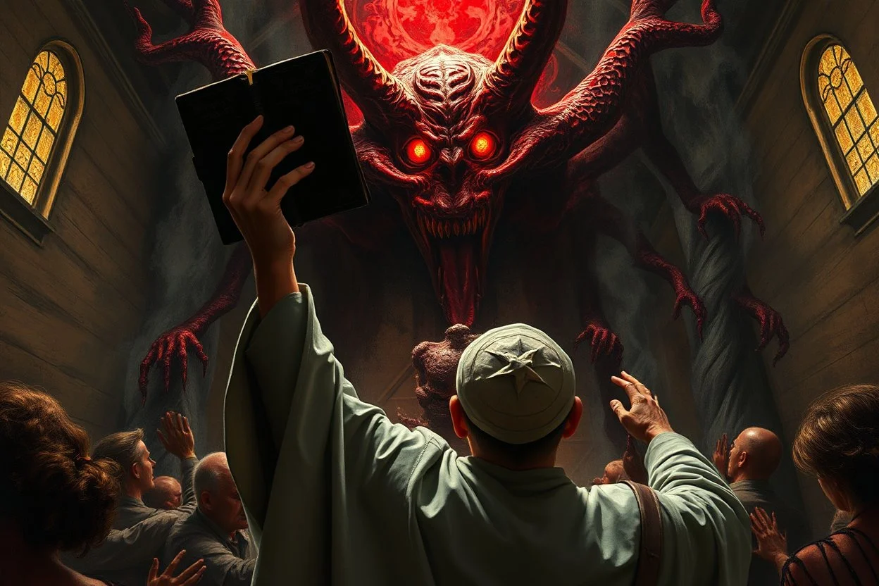 horror scene, priest shaking a bible above his head at a red multi eyed lovecraftian demonic corruption that has taken root in a 1890's frontier church, sinister, digital oil painting, by Keith Thompson and William Stout, dramatic, scary, visceral