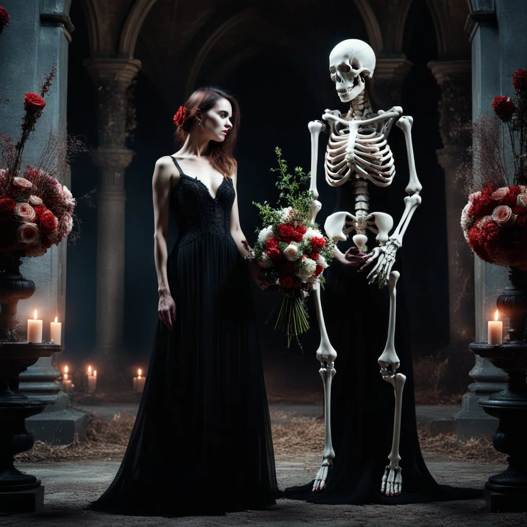 woman in a long dress standing next to a skeleton holding a bouquet of flowers, gothic setting, dark fantasy, photorealistic. 4k