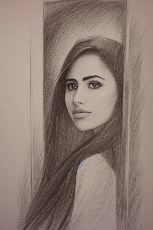 Pencil sketch of Young woman look through the window , Arab features,sad, long wavy hair, full body، on lined paper