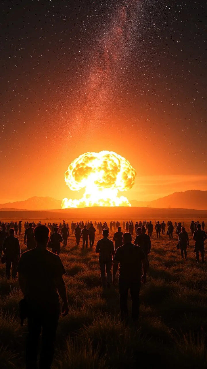 A field of random people in a bright lighting , at the end of the picture a dark sky with a glowing stars sky in the background with a huge nuke explosion in the back