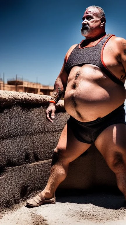 full body shot photography of two maroccan ugly dirty burly construction workers chubby sweat 58 years old in tank top, safety vest, swimwear, bulge, tattoo, manly chest ,in queue on italian sidewalk,, photorealistic, sunlight, summer, ambient occlusion, side view from the ground