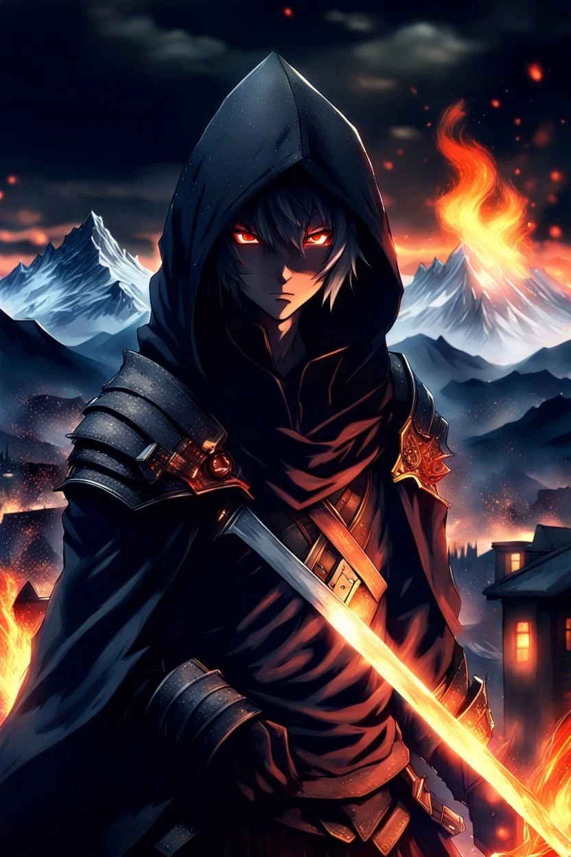 3d anime warrior in dark hood , detailed, sharp focus, dark colors, pale lights,mountain, crepy, dark fantasy in background fire city, professional anime art