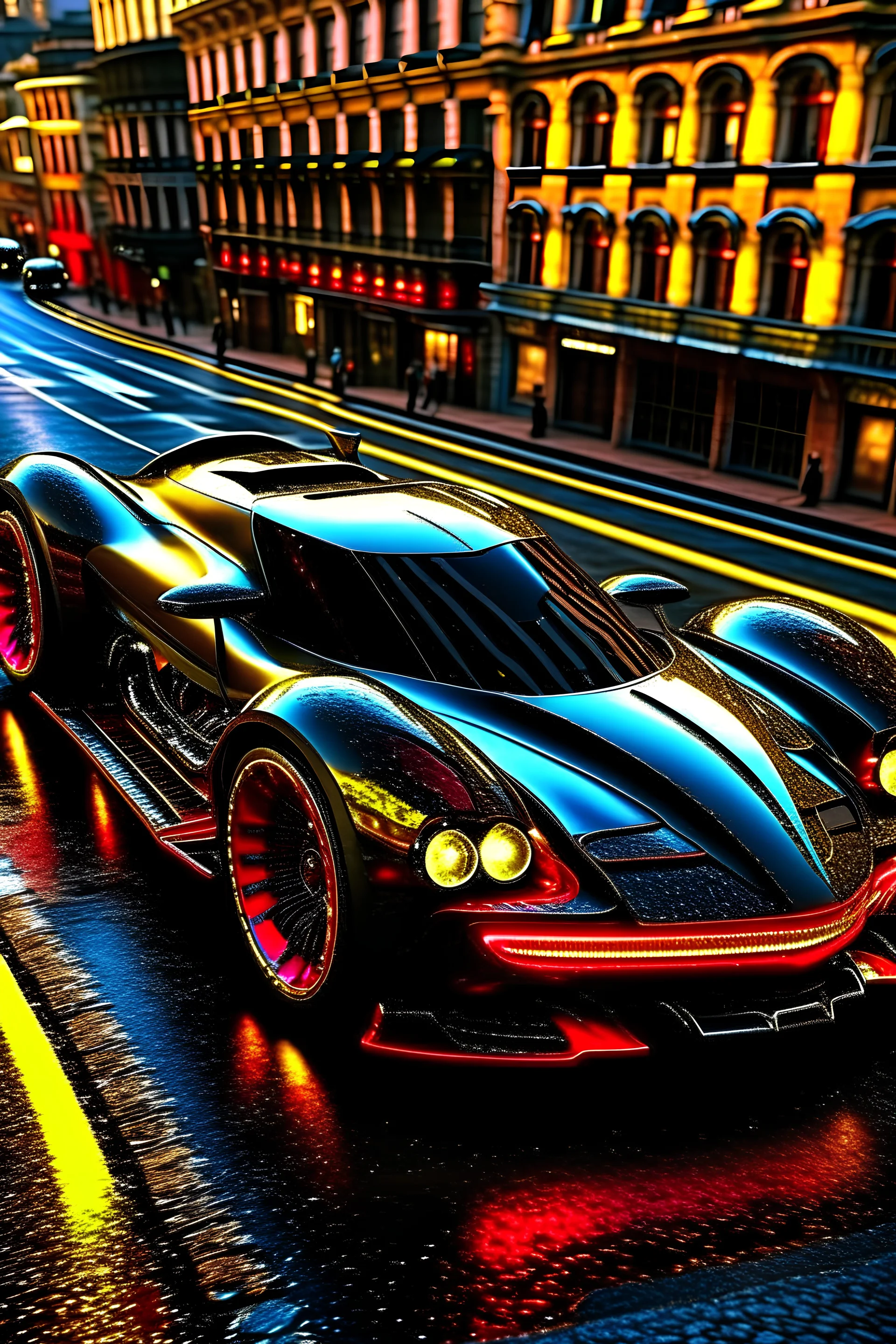 1000mph in city, flying above street,, looks more like cadiliac, JET-FIGHTER HYBRID, PROTOTYPE, ADVANCED DESIGN, METICULOUS photorealistic, 16k hd, meticulous, perfect, shot from front left, show front of car, steampunk, cyberpunk, clean, fast, red running lights, 8 small LED headlights placed symmetrically on front to car