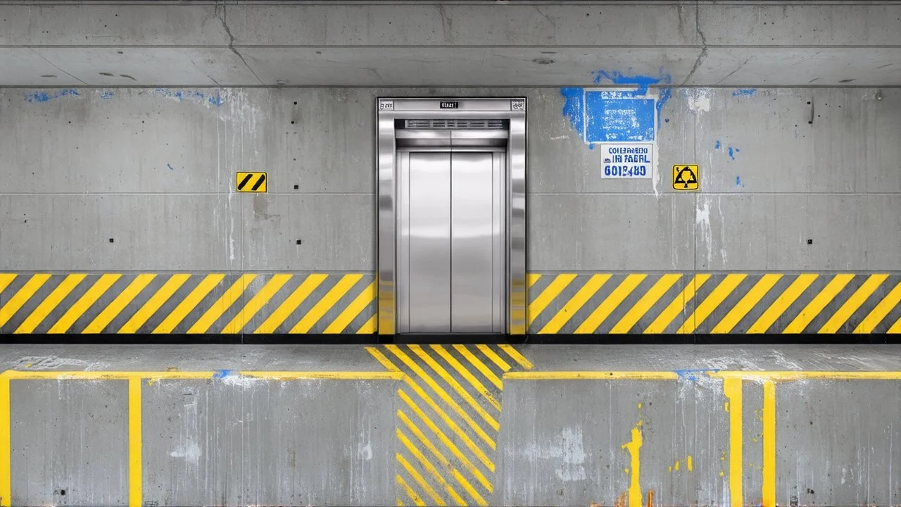 wall design for parking garage, concrete, yellow marking lines, hazard lines, weathering and water stains, realistic elevator doors in middle. a sign is above the elevator doors. rough painted hashmarks and parking lines