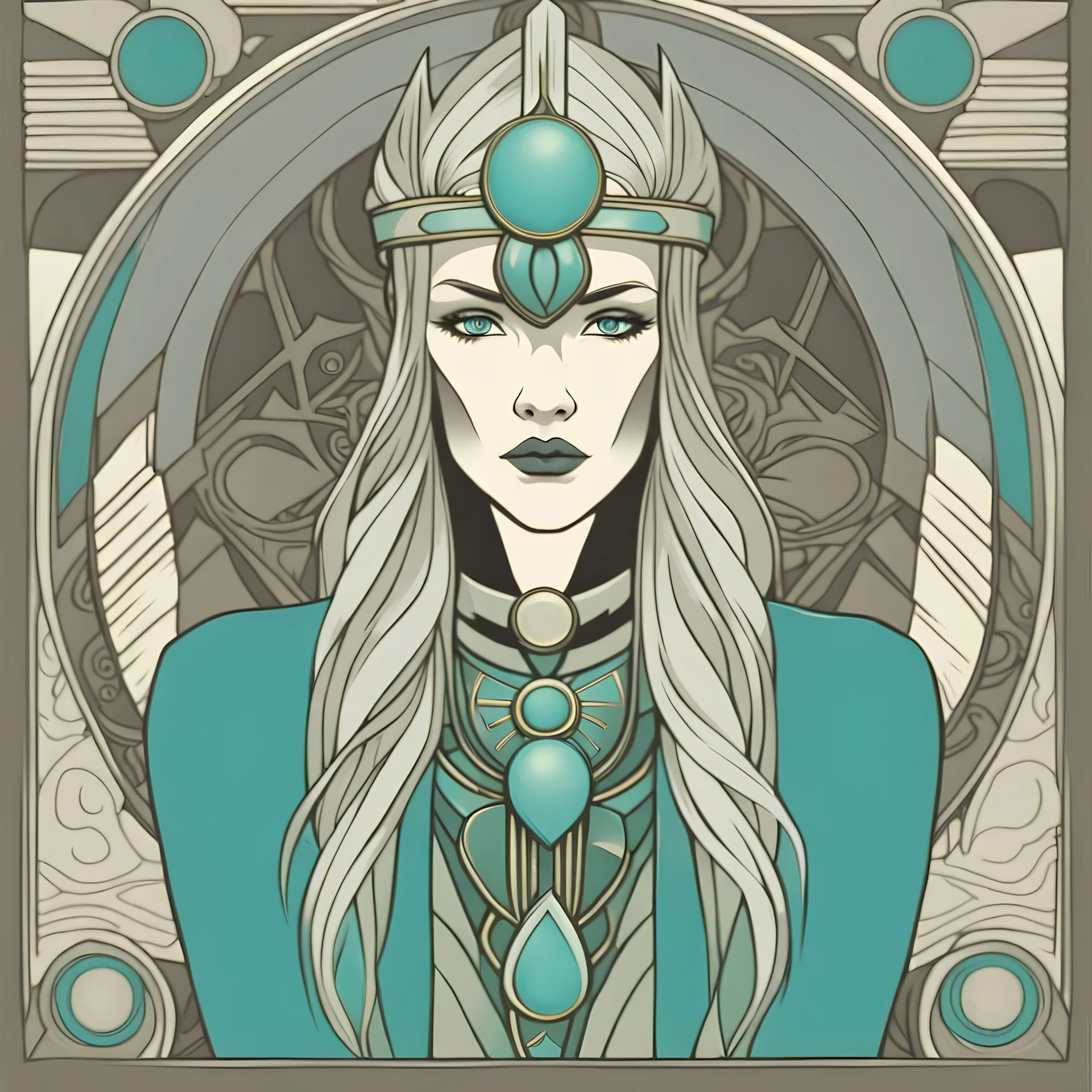 stylized viking queen in the style of tarot and art deco, turquoise and grey colours