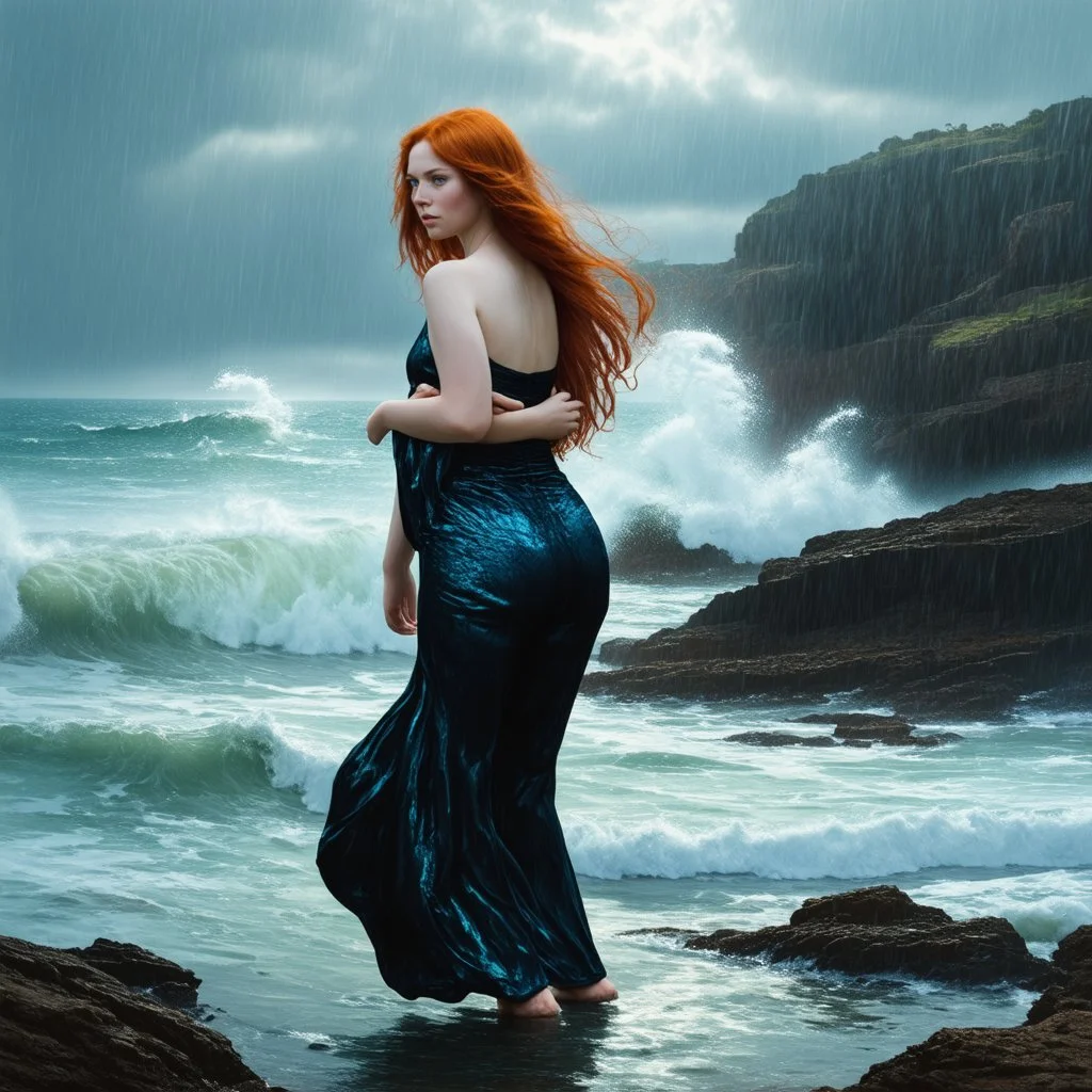 Gorgeous fine laced-drapped beautiful forlorn woman with red hair, hyper-realistic eyes her body looking out to sea with her arms covering her upper body, her iridescent body shimmering in the low rainy light sky hyper-realistic portrayal, long flowing hair cascading elegantly, walking amongst the rugged rocks and waves crashing dramatically against her boy hyper-detailed oil on canvas, reminiscent of old Masters' style, wallpaper and poster art, highly intricate photography, rich colors of, sof