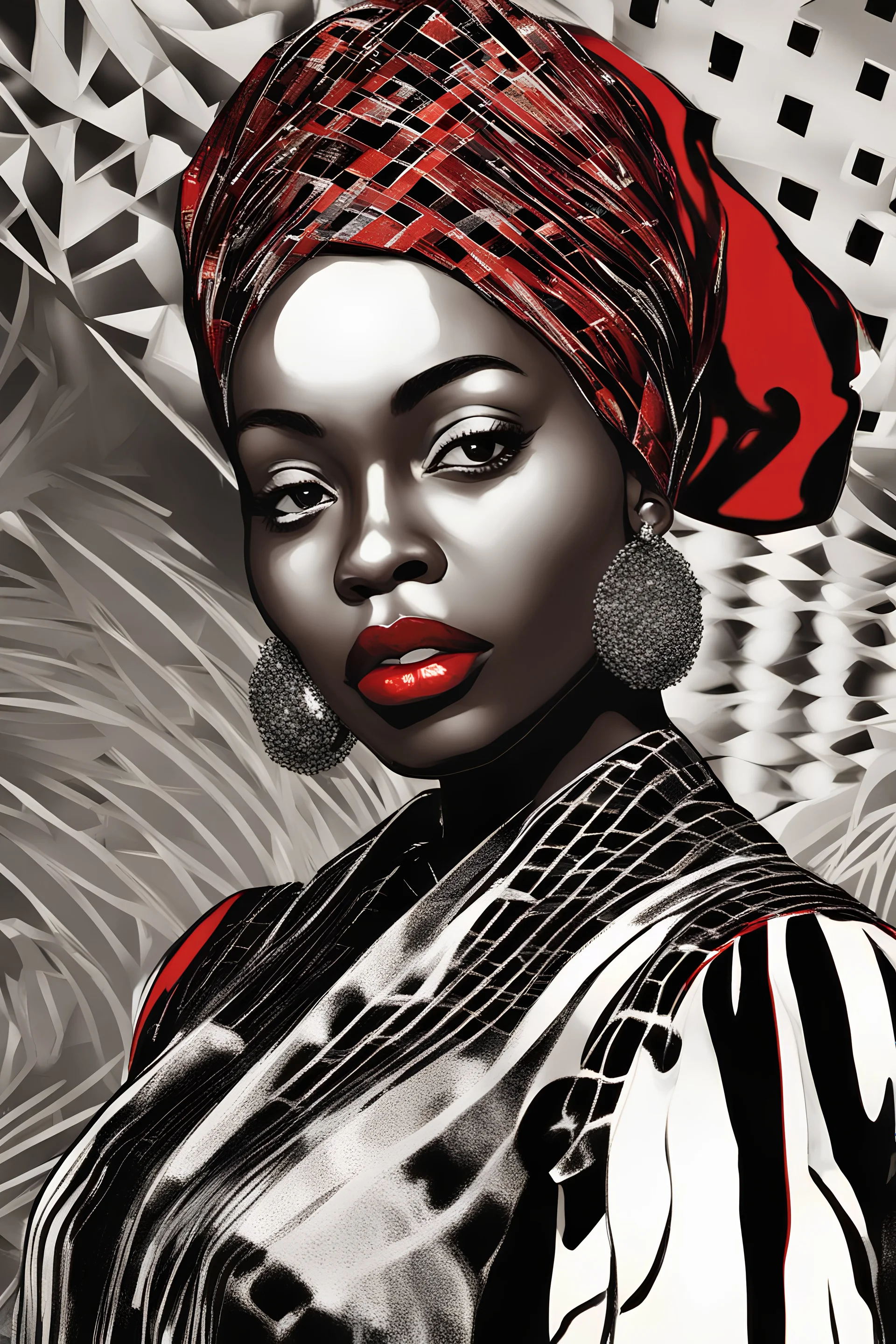 Portrait of a black woman wearing stylish red and silver dress.