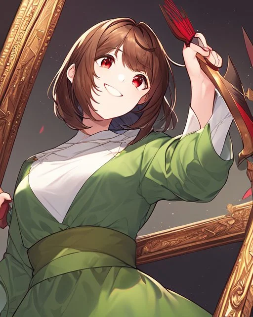 A character with short brown hair, red eyes who wears a green blouse open with its hood, below the blouse a white shirt, holds a bright red knife, smiles madly, dark background Very dark and HQ art and painting style.