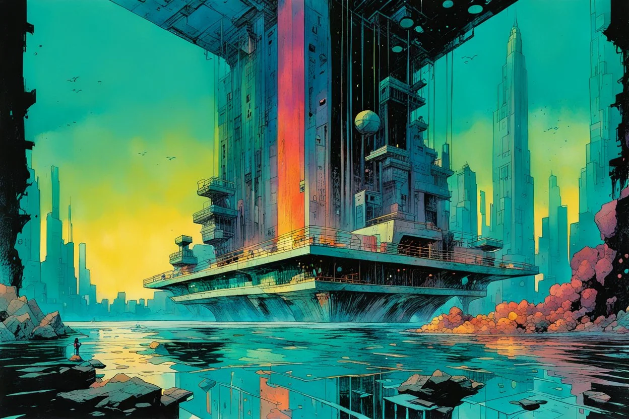 create a wildly abstract and chaotic illustration of an inter-dimensional portal to the highly detailed lost underwater city of Atlantis, utilizing asymmetric structural forms, in the comic book art style of Bill Sienkiewicz, Mike Mignola, and Jean Giraud Moebius, finely textured, drawn, colored, and inked