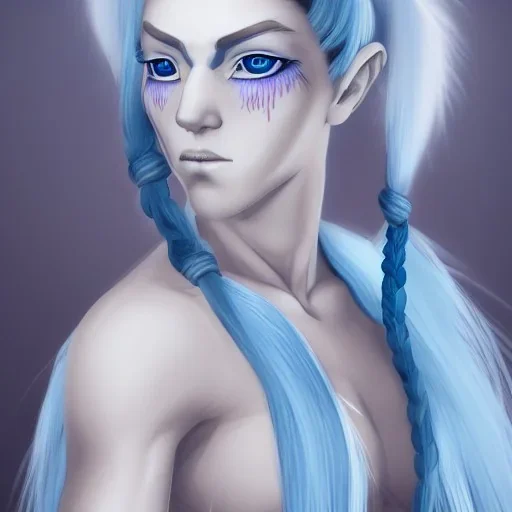 Female Air Genasi Monk with pale blue skin, braided white hair, grey eyes, and serene facial expression.