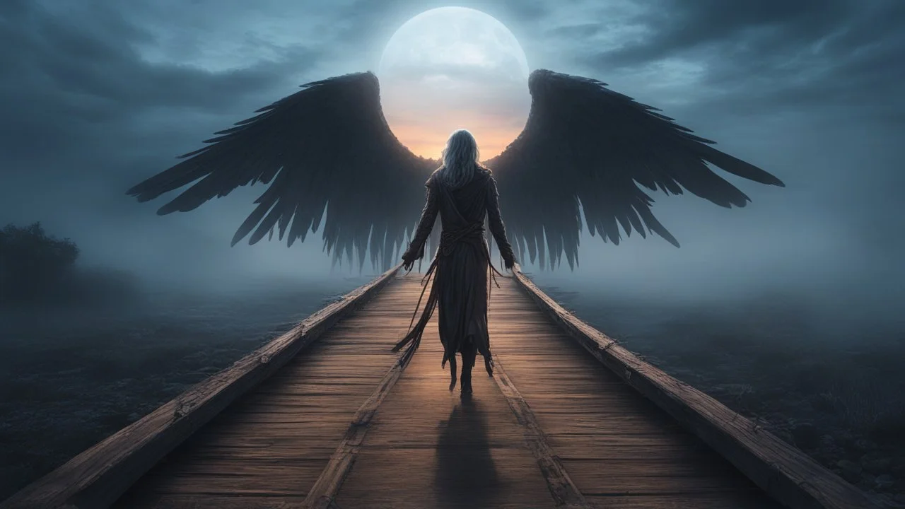 walking straight ahead over a wooden bridge, holding the angel of death with your right hand, entering the fog at the end of the road that leads to the afterlife, and a beautiful sunset and galaxy's behind the fog, realistic