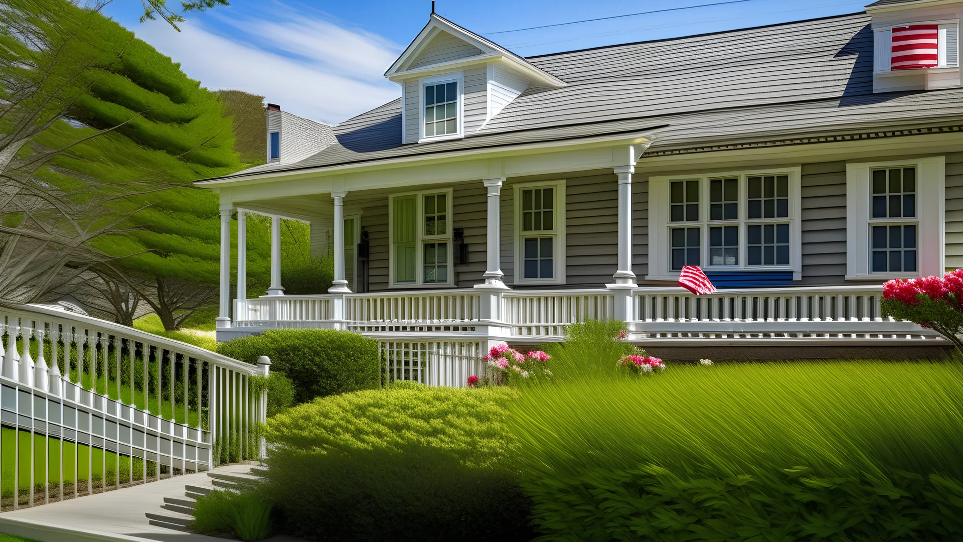 An American flag flies from the open porch and gardens surround a small single family home on a Spring afternoon on Cape Cod on the Massachusetts coast.