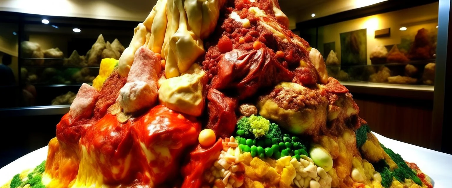 A mountain made out of meat painted by Antoni Gaudi