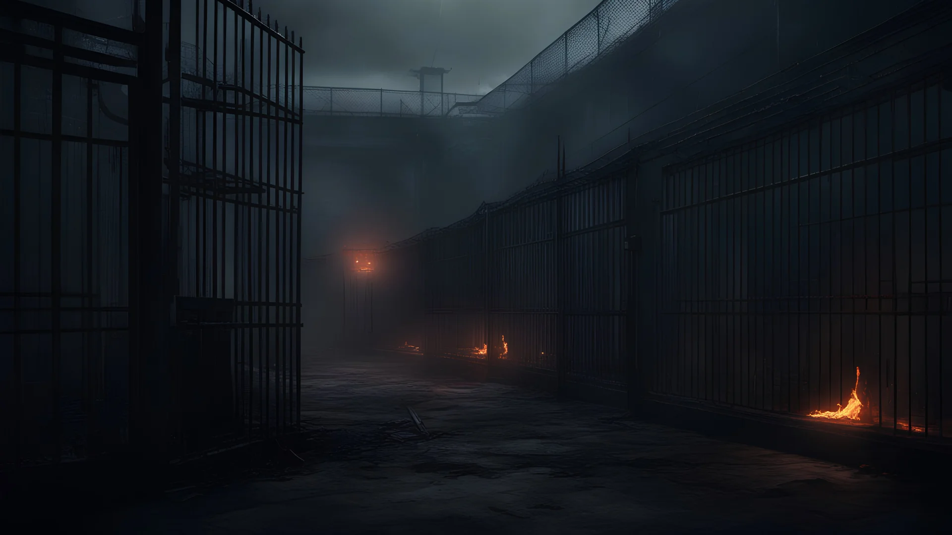 4k full realism, full details, full lights, une foule en colère assiègent une prison, cyberpunk, prison en feu