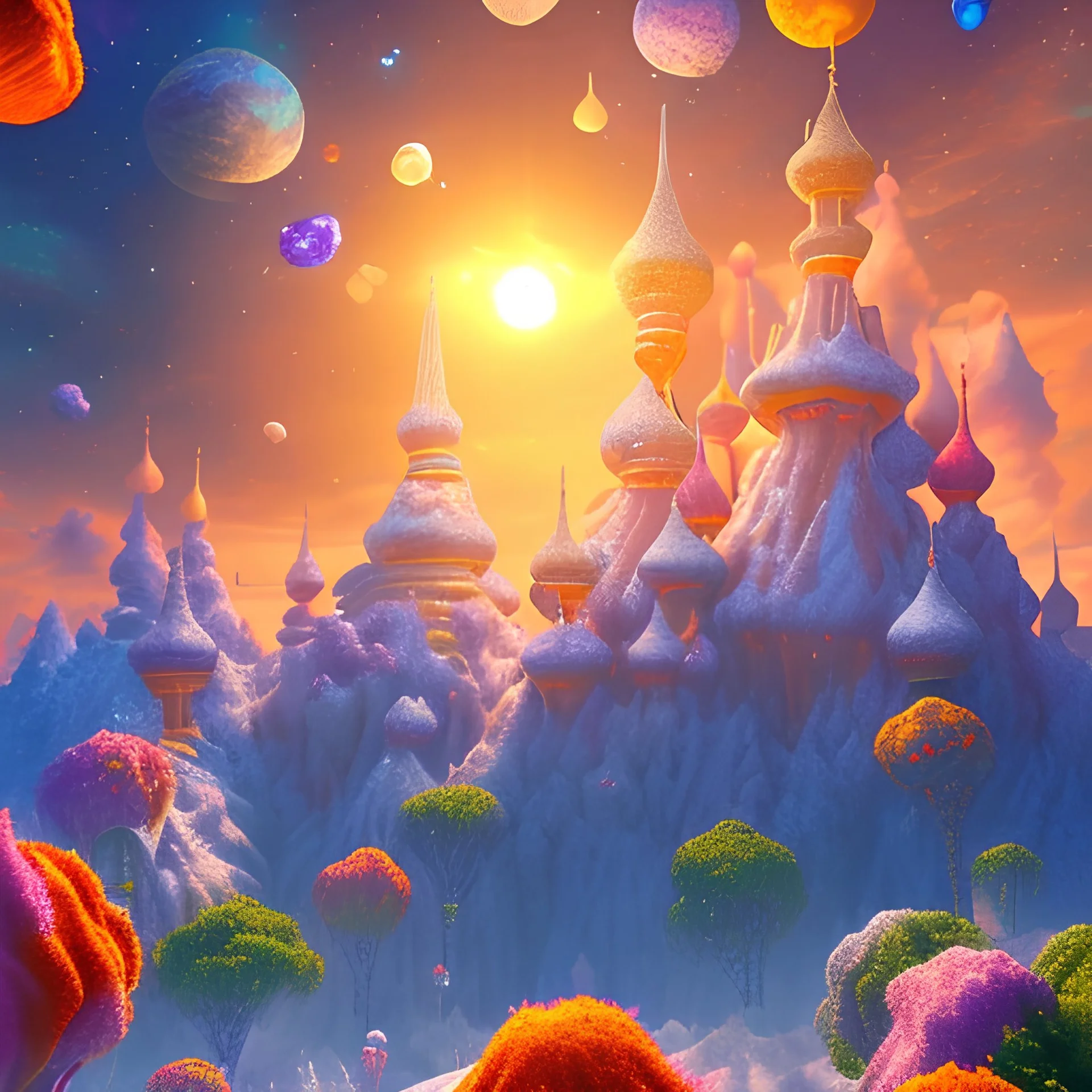 orange and violet landsacape with multicolored crystals falling from the sky, full of details, smooth, bright sunshine，soft light atmosphere, light effect，vaporwave colorful, concept art, smooth, extremely sharp detail, finely tuned detail, ultra high definition, 8 k, unreal engine 5, ultra sharp focus