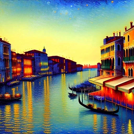 Dibujo al oleo de la ciudad Venecia con muchas nubes de colores estilo Vincent van Gogh