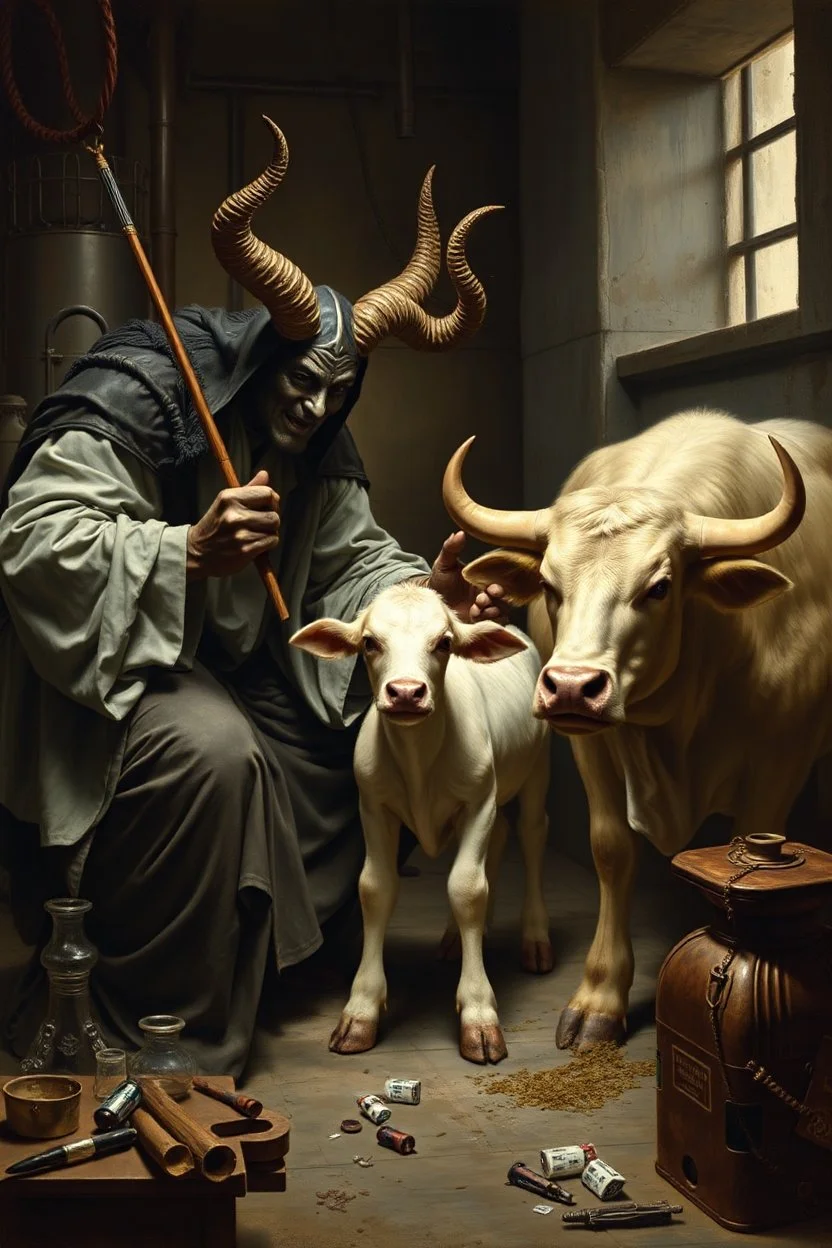 Lord Satan kidnapping young holy calf while medicating holy old cow, inside science factory, painted by Rembrandt