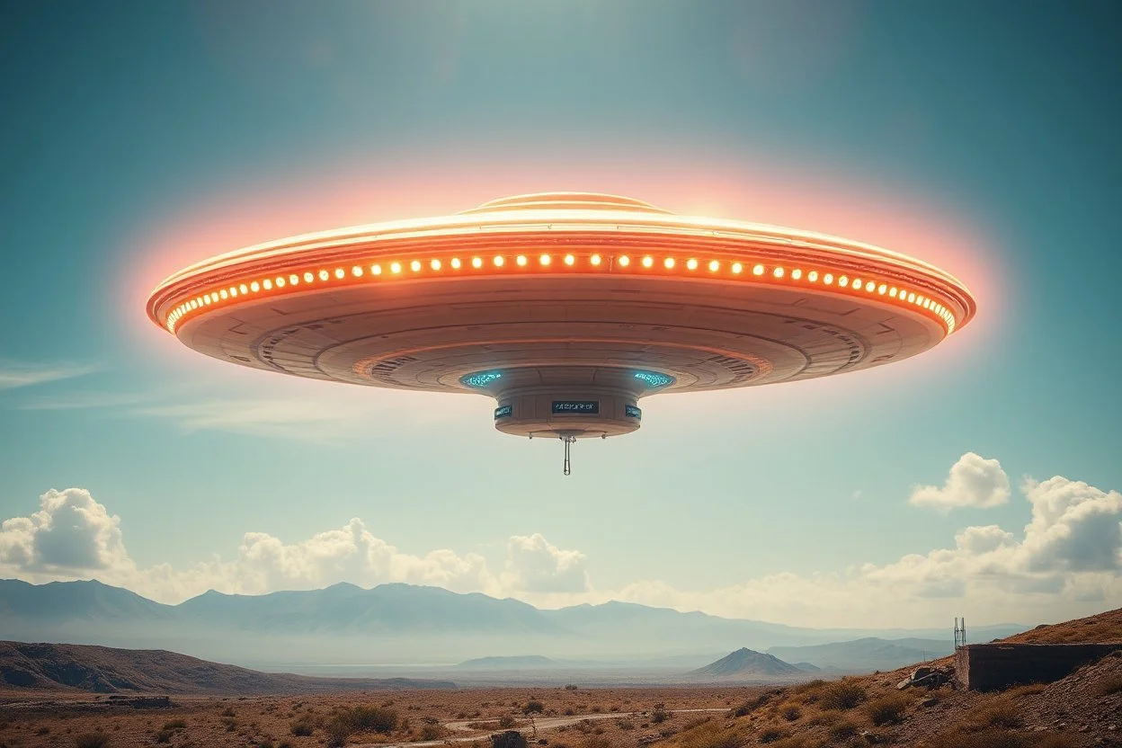 an 8k UHD cinematic, hyper-realistic, ultra-realistic vibrant image of "Weapon Against Climate Change You Never Knew Existed!". The image must be captivating, hooking and eye-catchy to depict the above image context a ufo starship hovering in the sky