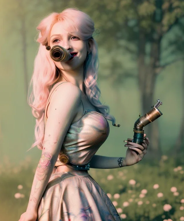 Ultra realistic photographic portrait, happy blonde woman smoking a pipe in Wonderland, wide angle view, smile steampunk dress style, marihuana plants, color fog, color smoke, soft color, highly detailed, unreal engine 5, ray tracing, RTX, lumen lighting, ultra detail, volumetric lighting, 3d, finely drawn, high definition.