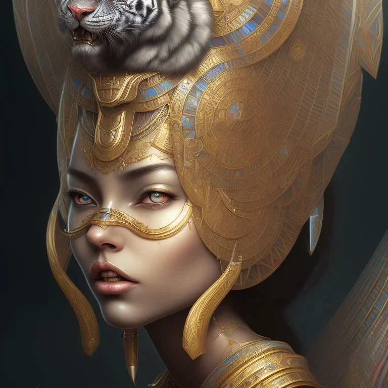 sango fantasy, fantasy magic, intricate, sharp focus, illustration, highly detailed, digital painting, concept art, matte, masterpiece head sexy African beauty black hair space lady silver tiger head Egyptian princess pyramid