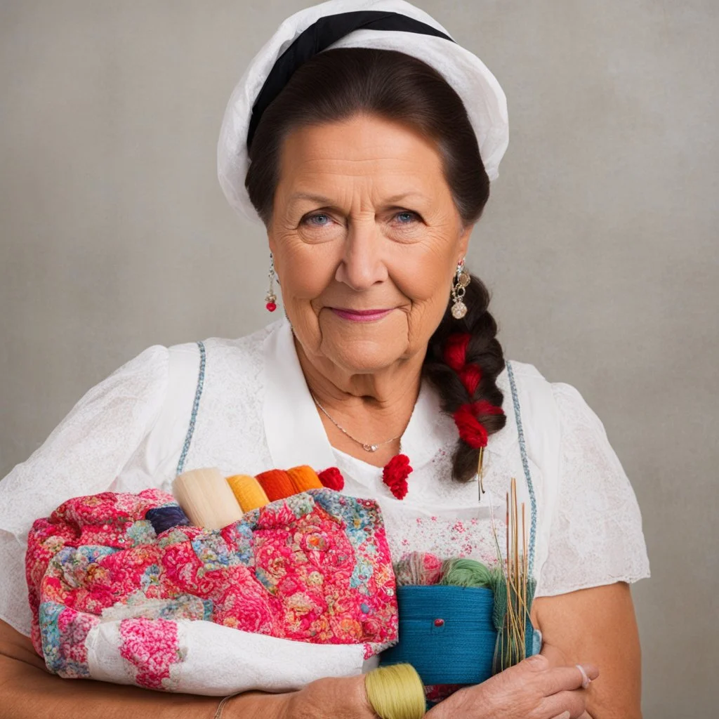 This amish milf likes embroidering and quilts, she holds a sewing kit. She is holding her masterpiece