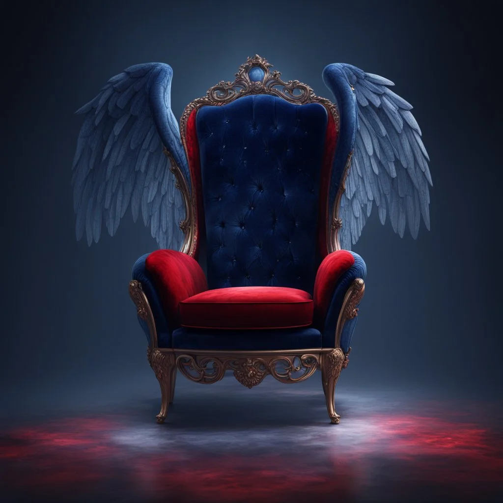 A freestanding wing chair in midnight blue velvet with a red round cushion. Illustrative art, art interpretation, concept art, cgsociety contest winner, seasonal art, seasonal art HD, 4k, 8k, intricate, detailed, intricately detailed, luminous, translucent fantasy crystal, holographic data, soft body, shadow play, light, fog, atmospheric, cinematic, light film, hyper-detailed, hyper-realistic, masterpiece, atmospheric, high resolution, 8k, HDR, 500px, mysterious and artistic digital art, phototi