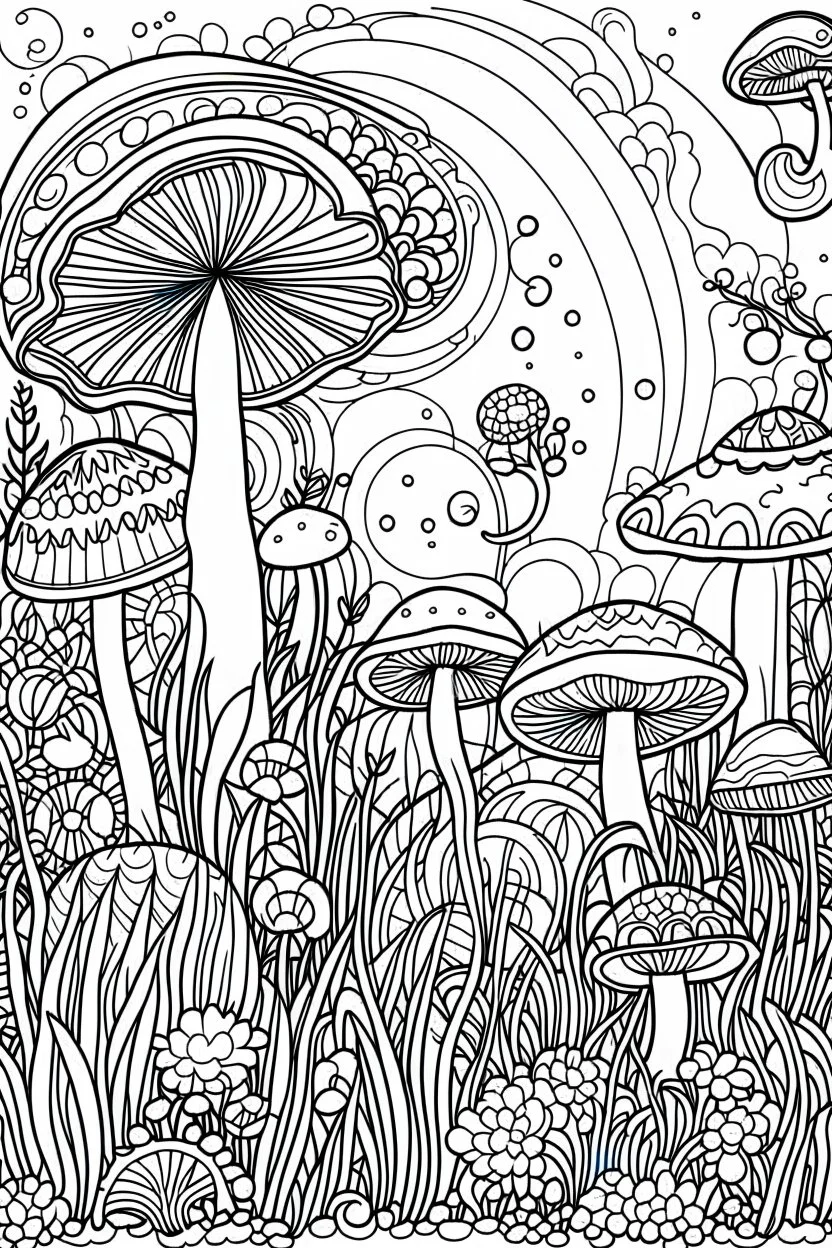 STRESS RELIEF themed coloring page for adult, cartoon style, thick outline, low details, no shading, no color, A delicate pattern of softly glowing mushrooms in a moonlit meadow