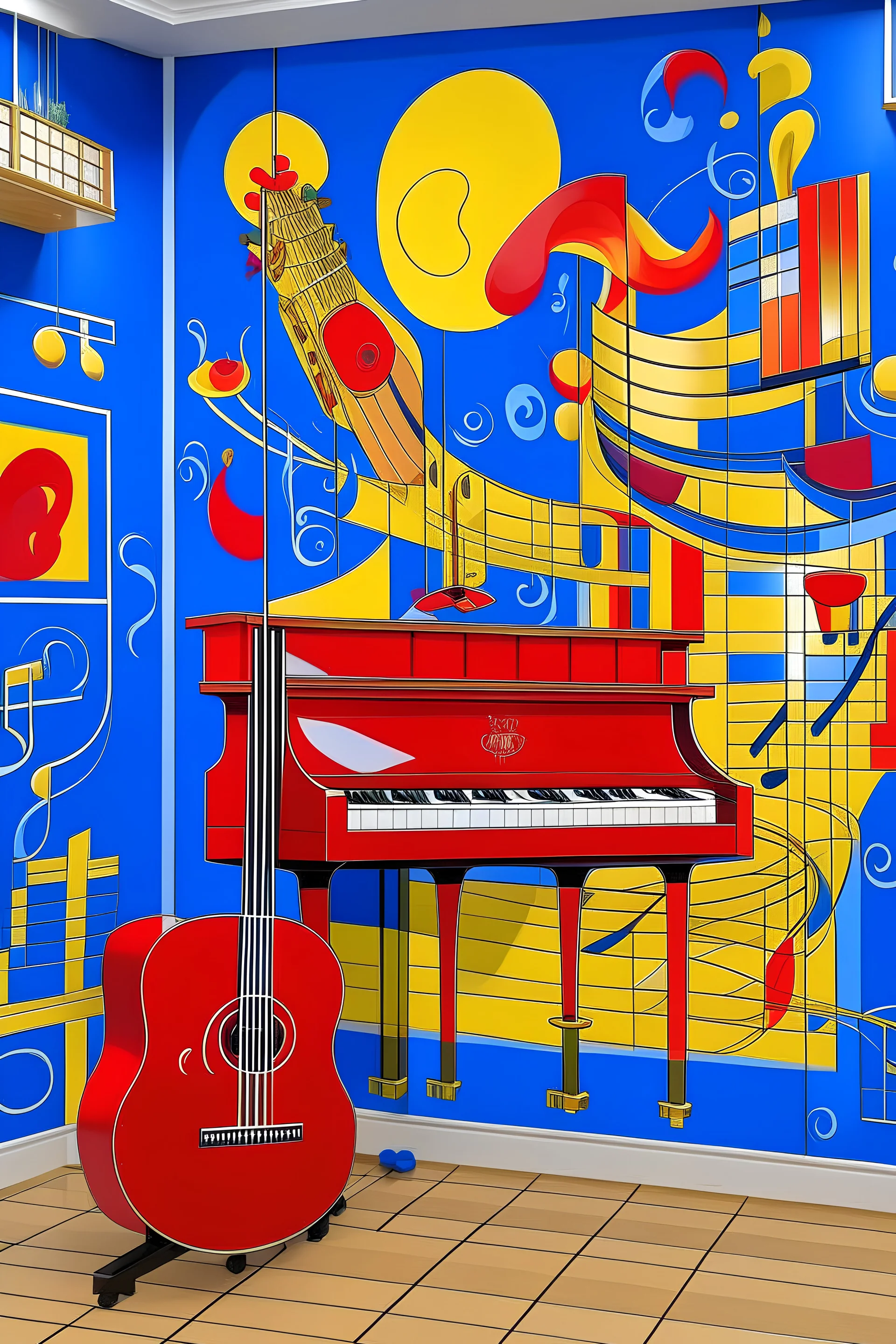 Create handpainted wall mural featuring musical instruments and notes in dynamic cubes. Choose a melodic palette with royal blue, fiery red, and golden yellow for a vibrant and harmonious composition.