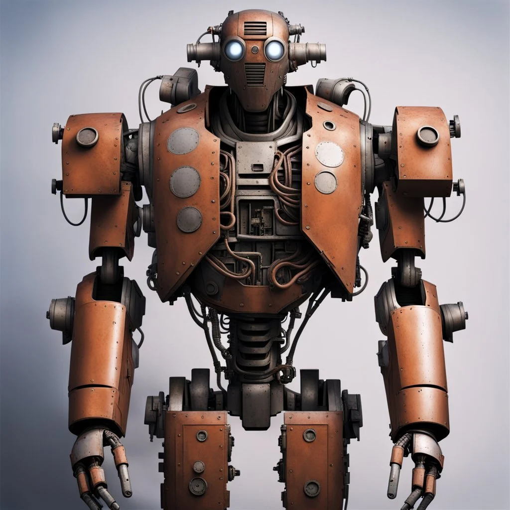 trash mech suit, human-sized, made of scrap metal, cockpit in chest cavity, light rust, round, loose wires, escape hatch