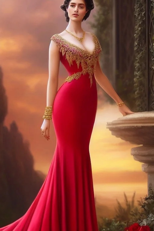 full body shot , beautiful and gorgerous duchess with incredible jewellery in 19th century clothing by Greg Rutkowski and Artgerm and Emile Vernon and Vladimir Volegov, in a red dress, mystical castle background, art illustration, natural beauty, muted colors, pastels, perfect fingers, higly detailed, expressive, high detail, symmetrical, digital painting, symmetrical eyes, dynamic lighting, artstation, cinematic lighting, intricate artwork, emitting diodes, smoke, artillery, sparks, racks, s