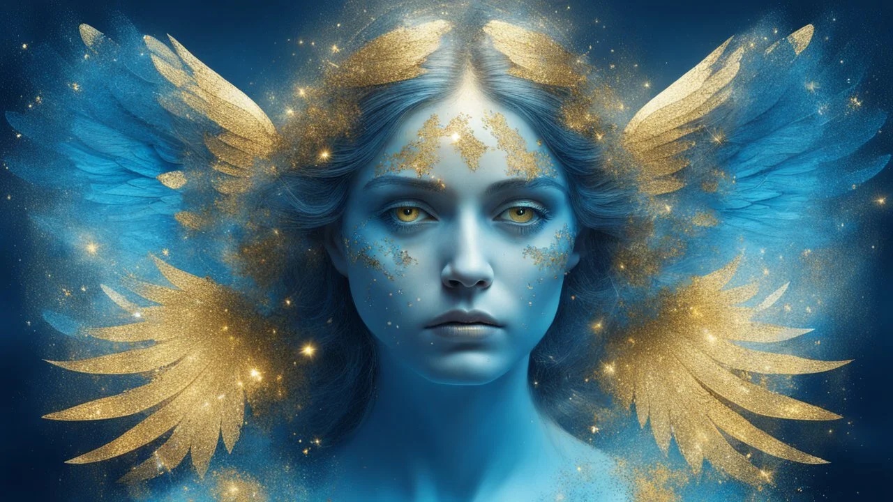 beautiful sad woman angel, double exposure in fantasy style, blue, gold, sparkles, fine rendering, bright colors, photorealism, 3D, with acrylic elements