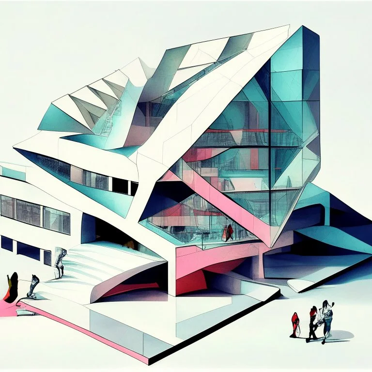 Architectural drawing of a Neofuturistic art museum, (((isometry))), ultra quality, people, treets