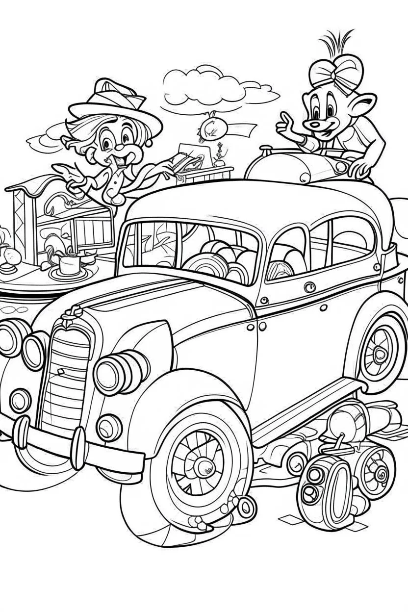 Outline art for coloring page OF 1946 PENNY TOYS, coloring page, white background, Sketch style, only use outline, clean line art, white background, no shadows, no shading, no color, clear