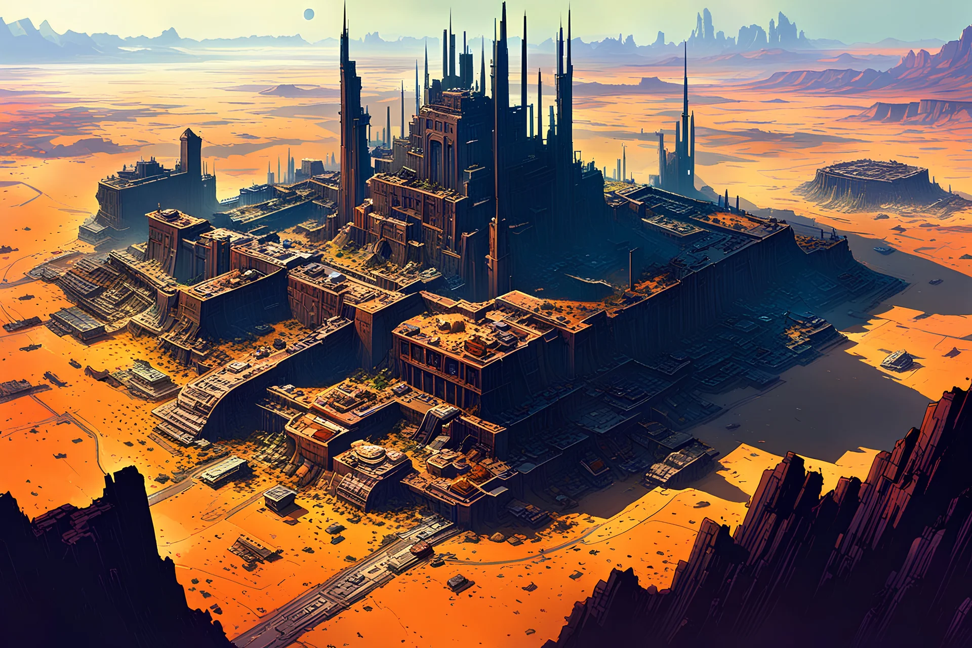 aerial view illustration of the battle torn ruins of a vast grungy , rusted, post apocalyptic fortress city, set in the wastes of an unknown desert planet, in the sci fi style of Sparth, Dan McPharlin and the comic book graphic style of Jean-Giraud Moebius, finely lined, highly detailed gritty textures, in vivid natural colors