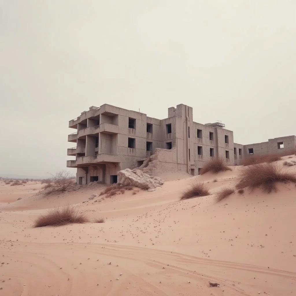 Fotografia di una strada di città moderna brutalista, che sembra un tugurio, parzialmente sommersa. La struttura è erosa e inglobata dal paesaggio naturale, come se il tempo o l'ambiente avessero iniziato a "riassorbirla". L'atmosfera è desolata e surreale, con un ambiente circostante spoglio e sabbioso hasselblad h6d400c