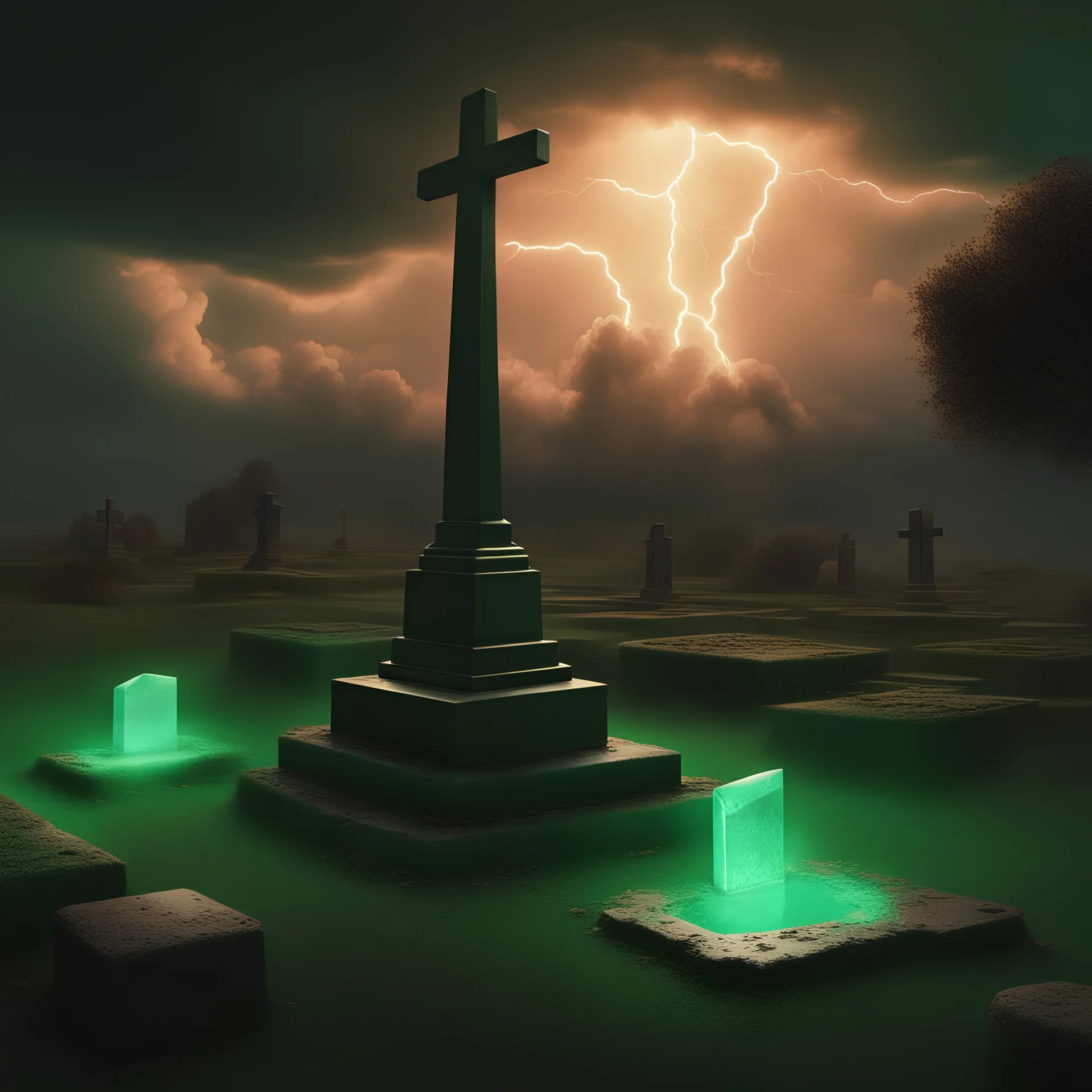 A glowing emerald green place and a grave stone, lightning sky, realistic art style