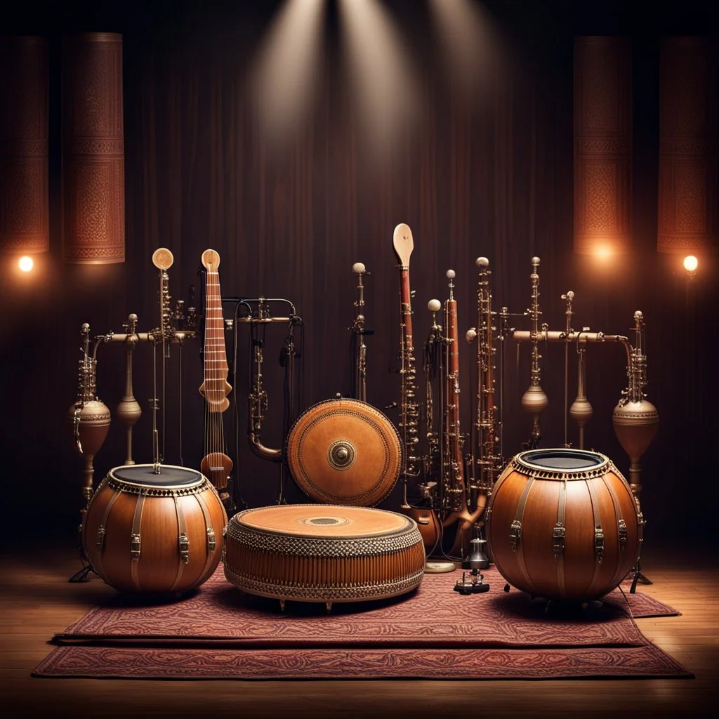 Hyper Realistic Set of Indian Musical Instruments like Tabla, Sitar, Sarangi, Harmonium, Flute & Dholl on an Indian traditional dark stage with stage lights & rustic background