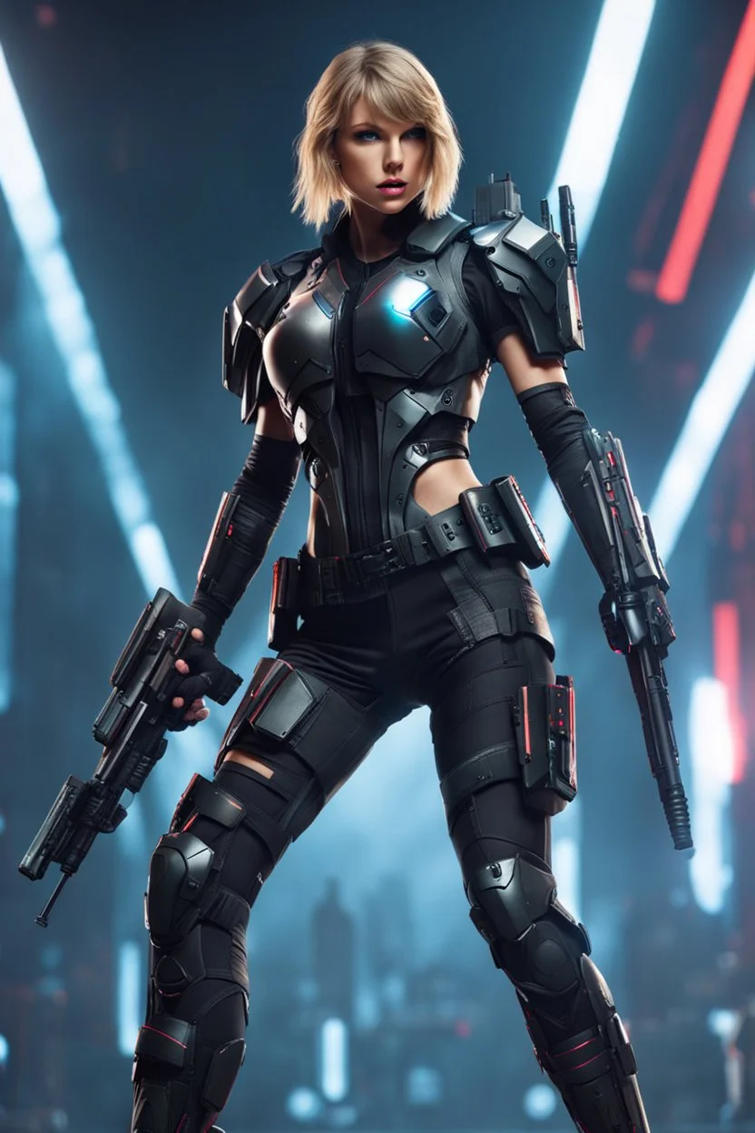 Full body image of a army cyberpunk cyborg beautiful Taylor Swift,good body,lighting background