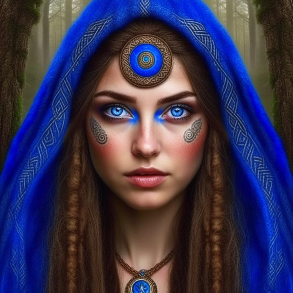 Blue eyed traditional pagan woman art with with runes and nature