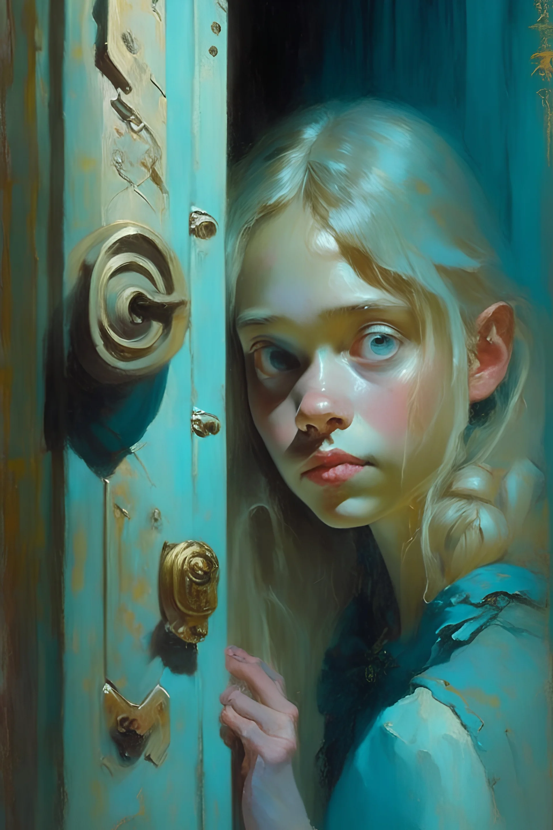 Enigmatic ((Alice Margatroid)) by Kekai Kotaki and Sergey Kolesov, Pastel Key, Mysterious Door, Oil Painting, Intrigued Posing, Unlocking, Perfect face, detailed figures, intricate details