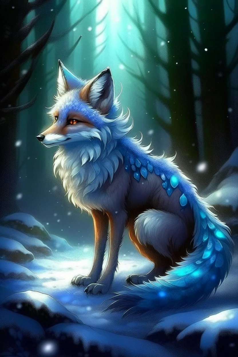 Fable Glimmerfox has a sleek and graceful body, covered in soft, shimmering fur that changes color depending on her mood or surroundings. Her eyes are large and expressive, reflecting the magic and mystery of the Feywild, as she glides with a Grace of nobility among the Winter Court of the Fey