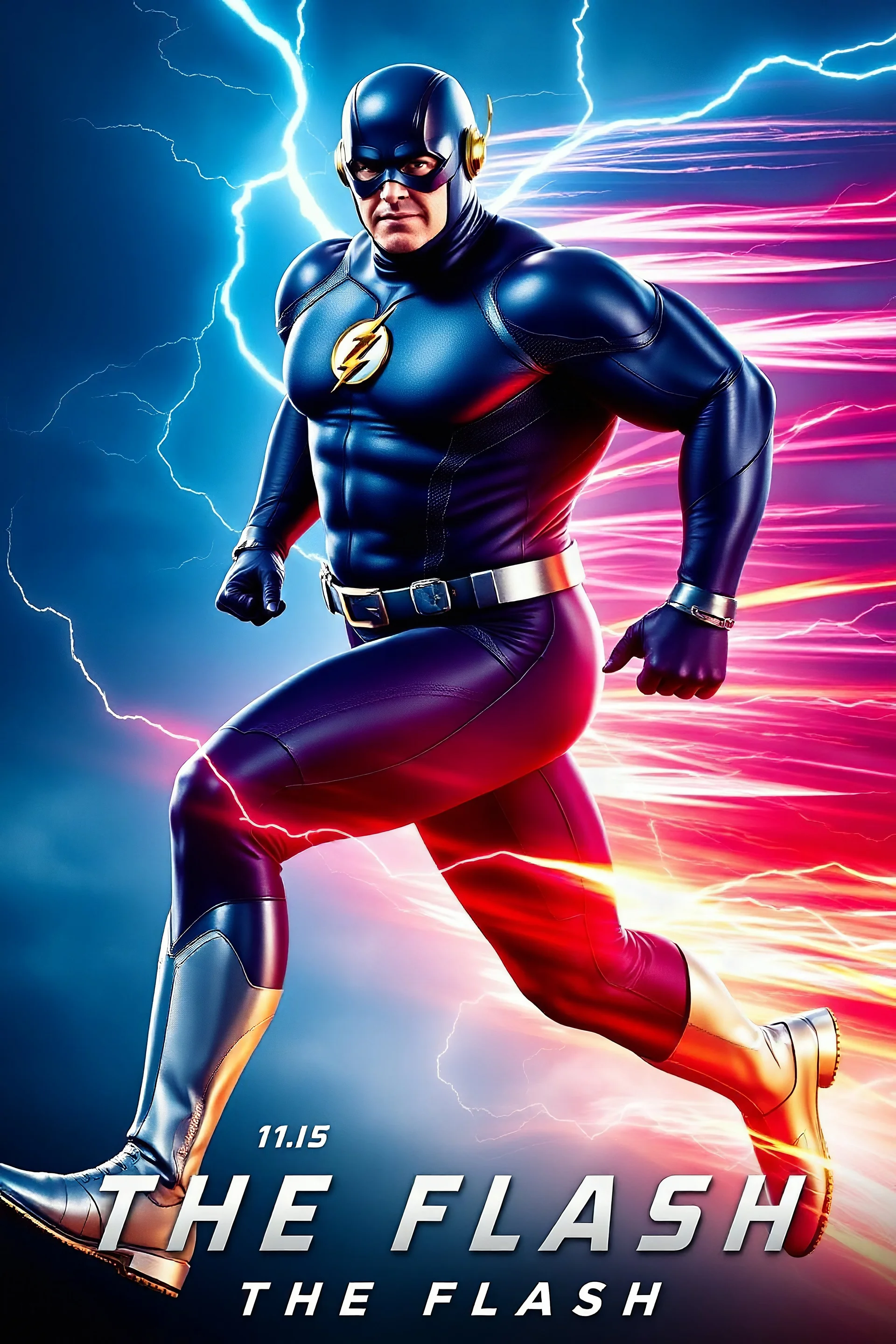 1/4 side view, looking at the viewer, Movie Poster - "THE FLASH" - A massive, thick, extremely muscular, 7'8" tall man, ((skintight, formfitting, long-sleeved, Blue spandex bodysuit:1.5)), ((Silver knee-high boots:1.5)), ((Silver wrist gauntlets, blue fingerless gloves, silver, double holstered utility belt:1.5)), ((skintight, formfitting, blue spandex helmet with blue eye disguise,:1.5)), Running, multicolored lightning emanating from his body, an overly exaggerated muscular stature
