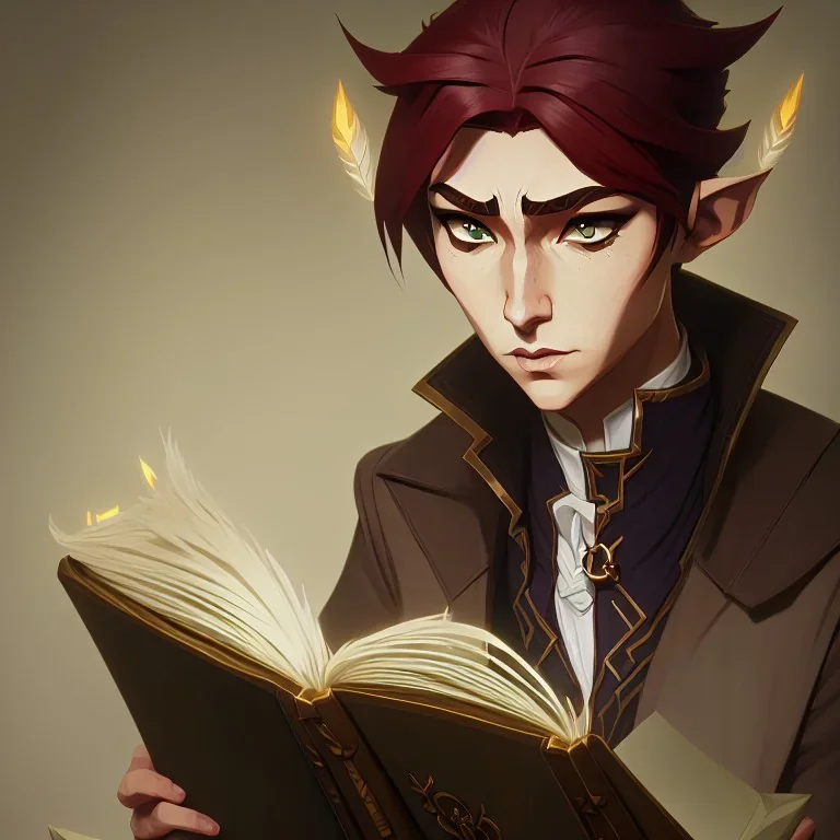 elf in beige coat and white shirt reading a tome, studio lighting, nature background, intricately detailed, smooth glowing feathers, trending on artstation