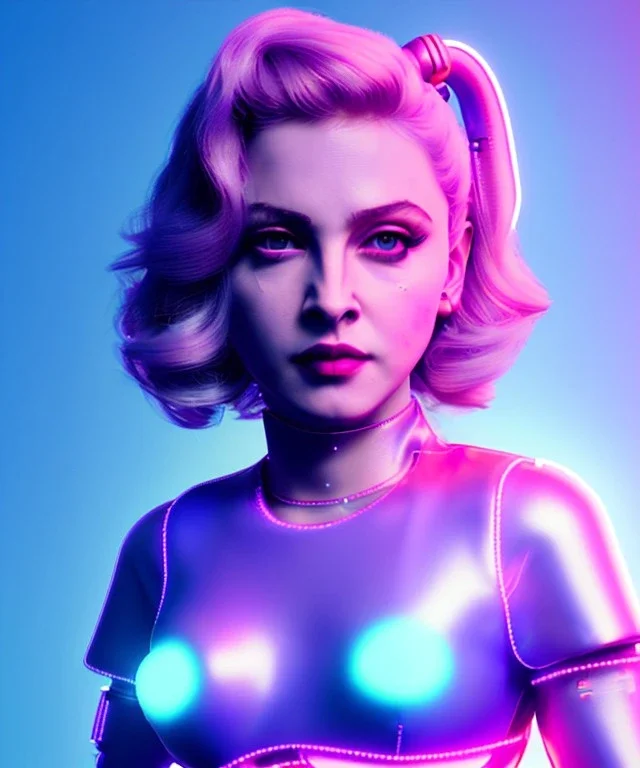 Artist, young madonna, android woman, sweet, blonde, white skin, long eyeliner, glossy lips, contour make-up, color leds lights, cables, short hair, circuits, cyberpunk, latex coat, cyber punk, neon, portrait, studio photo, unreal engine 5, soft color, 16 bit, god lights, ray tracing, RTX, lumen lighting, ultra deatail, volumetric lighting, 3d, finely drawn, hd.