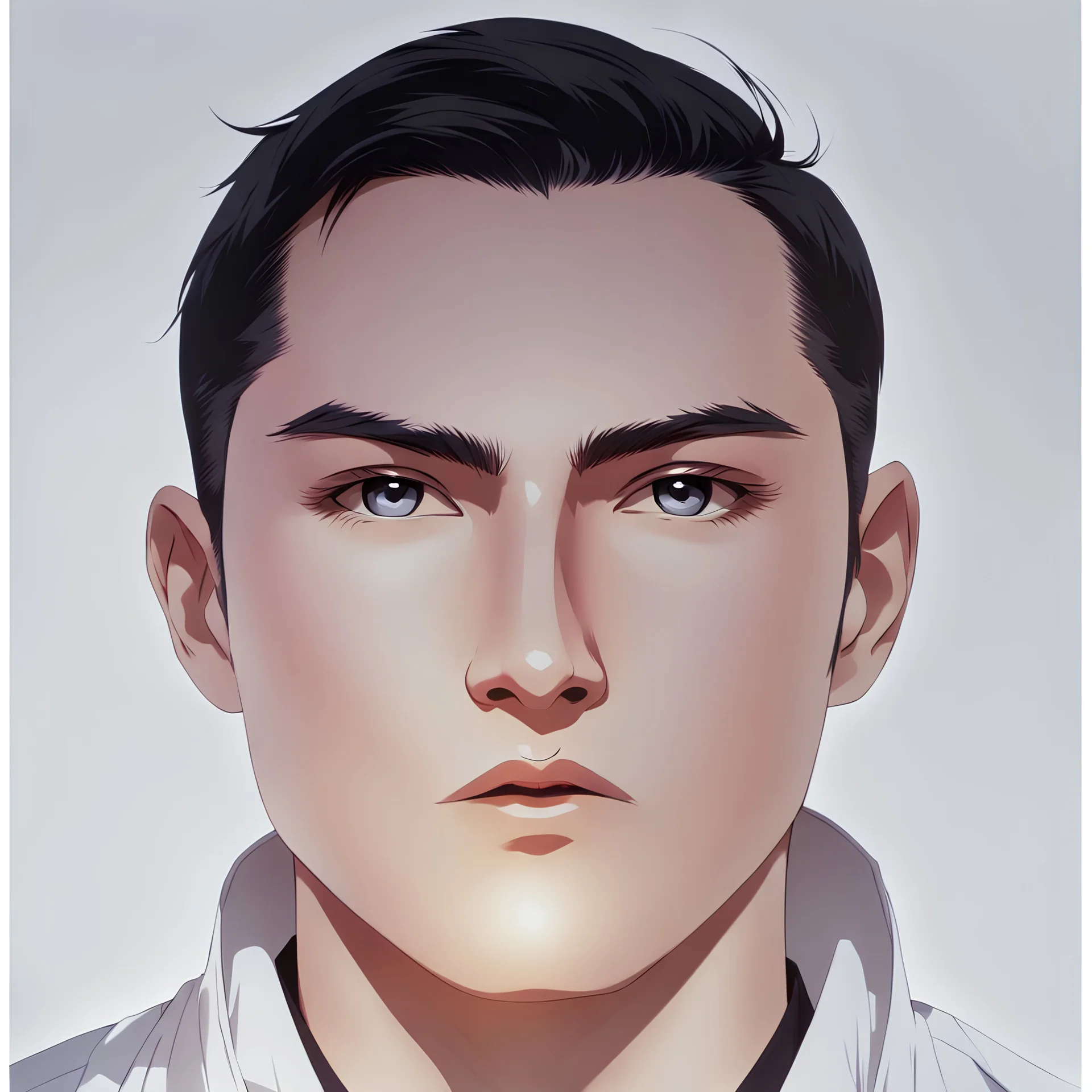 mysterious youthful Russan male, man, dark and intriguing, confident, intense, handsome, anime style, retroanime style, dark black very short hairs, white shirt, white paint background, white man, The head looks straight ahead