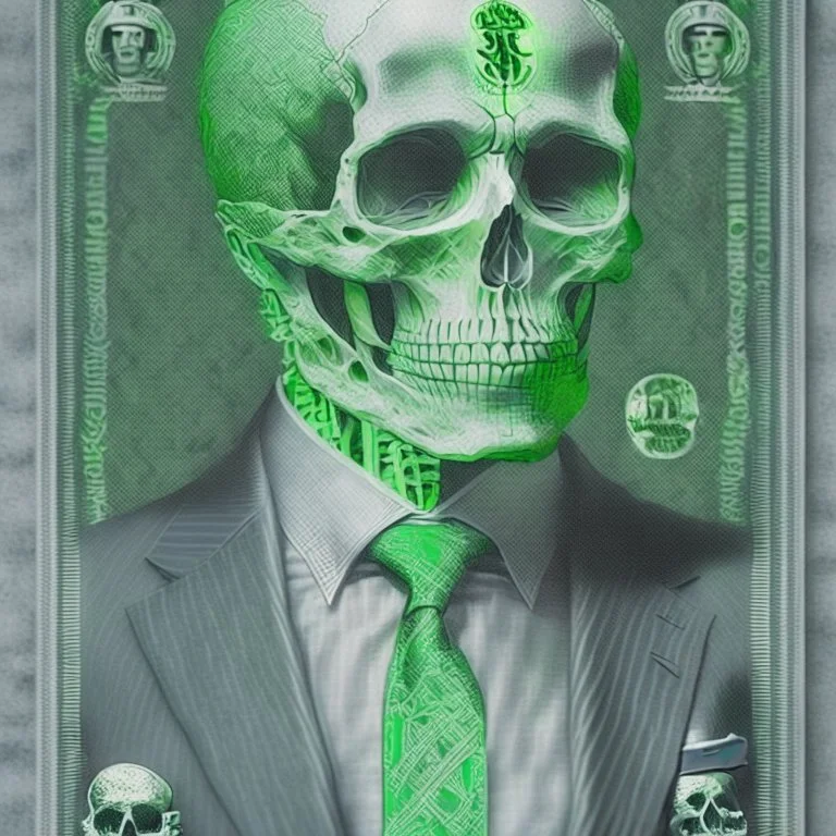 a head and shoulders portrait of a skeleton dressed in a three-piece suit as the president of the united states, based on us currency, united states one dollar bill, shades of green, line ink green drawing, real-life, colors match the united states one dollar bill, realistic, robotic,