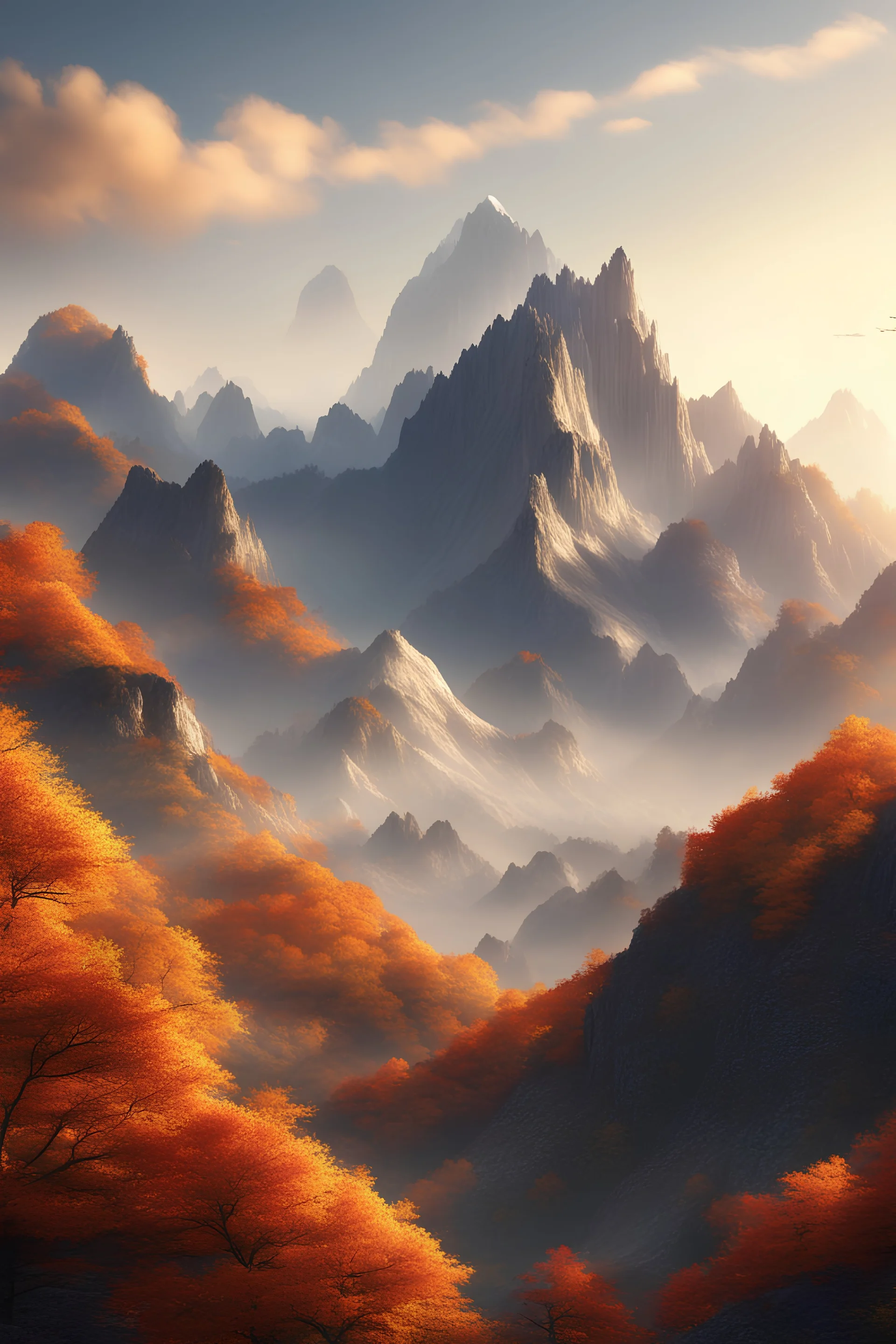 Create a color picture of a giant mountain in China with white embellishments and the sky, there should be more distance between the sky and the mountain, very three-dimensional, no buildings Very detailed Extremely delicate and beautiful Depth of field Very high resolution Wallpaper Photo realistic Landscape Mountain On the mountain Golden Hour Lighting Daytime Autumn Autumn Leaves Dusk