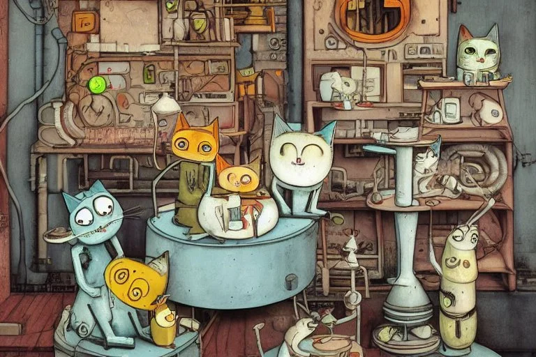 Happy cats sitting on a table :: industrial robotic cats, characters from machinarium pictoplasma, assemblage of naive art and les automatistes, by Alexander Jansson and Leo Lionni, a storybook illustration of a surrealist cat sculptures, cgsociety and behance contest winner